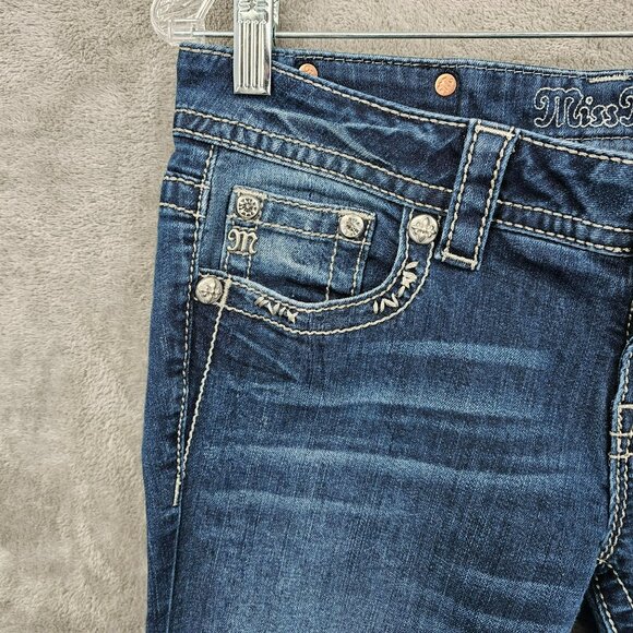 Miss Me Signature Boot Jeans 28 Blue Embroidered Rhinestone Crosses Bling Denim - Picture 4 of 13